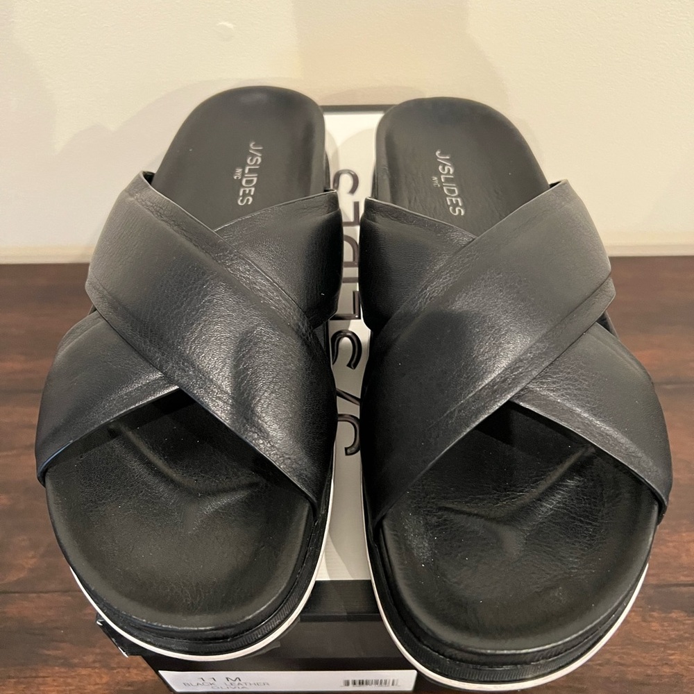 J. Slides Wmns Olivia sandal. Blk leather, New In Box. Make an offer